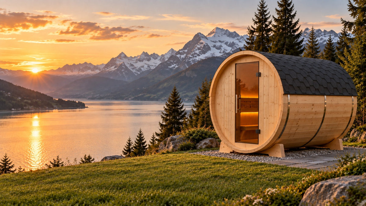 Fasssauna vor Schweizer Alpen bei Sonnenuntergang (Symbolbild)